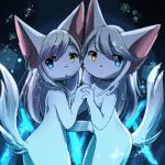 anthro blue_eyes brown_eyes cheek_tuft duo facial_tuft female fur hair heterochromia kemono long_hair nude star tuft white_body white_fur white_hair kemoribbon canid canine canis mammal wolf 1:1 2015 sibling_(lore) sister_(lore) sisters_(lore) twins_(lore)