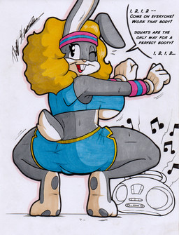 anthro big_breasts breasts butt camel_toe clothing crossgender crouching exercise female fitness fur gloves grey_body grey_fur hair handwear simple_background solo teeth thick_thighs white_background rotten_owl looney_tunes warner_brothers bugs_bunny lagomorph leporid mammal rabbit hi_res marker_(artwork) traditional_media_(artwork)
