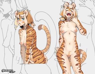 anthro areola bangs biped blue_eyes breasts brown_body brown_fur countershade_torso countershading dipstick_tail eyebrow_through_hair eyebrows female female_anthro freckled_face freckles fur genitals hair lips long_hair markings multicolored_hair nipples nude nude_anthro nude_female pigtails pink_lips pink_vulva pose round_ears small_breasts solo tail tail_markings text three-quarter_view translucent translucent_hair vulva luxar92 pancake_(luxar92) felid mammal pantherine tiger 2025 artist_name brown_theme colored_sketch dated english_text handwritten_text hi_res portrait signature sketch three-quarter_portrait warm_colors