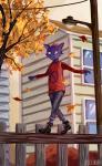 ambiguous_gender anthro building detailed_background fence house on_fence outside red_eyes solo whiskers spycyhorror night_in_the_woods mae_borowski domestic_cat felid feline felis mammal