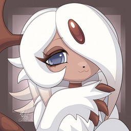 1_horn :3 ambiguous_anthro ambiguous_gender anthro bangs blue_eyes chest_tuft claws eyebrows eyelashes forehead_gem fur gem hair horn long_bangs long_hair looking_at_viewer markings neck_markings pose raised_hand solo tan_body tan_fur tan_hair text tuft white_body white_fur white_hair wistfern nintendo pokemon wist_(wistfern) absol generation_3_pokemon pokemon_(species) 1:1 2026 artist_name bust_portrait colored detailed digital_drawing_(artwork) digital_media_(artwork) headshot_portrait hi_res portrait shaded signature