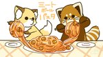 ambiguous_gender biped black_nose brown_body brown_fur chibi dot_eyes duo feral food fur pasta paws spaghetti text shi_nominmin ailurid canid canine fox mammal red_panda 2020 hi_res japanese_text