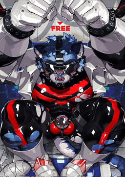 anthro bdsm blindfold blue_body blue_fur blush bodily_fluids bodysuit bondage boots bound chastity_cage chastity_device clothing detailed_background drooling footwear fur glistening glistening_clothing gloves hands_tied handwear latex latex_clothing male nipples nose_hook saliva shoes sitting skinsuit solo text tight_clothing torn_clothing tenkuyaki pickle_tiger felid mammal pantherine tiger digital_media_(artwork) english_text hi_res