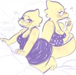 anthro belly blush breasts buckteeth cleavage clothed clothing dress eyeshadow female makeup non-mammal_breasts question_mark slightly_chubby slightly_chubby_female solo tail teeth thick_tail thick_thighs wide_hips vongulli undertale undertale_(series) alphys reptile scalie