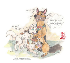 abdominal_bulge animal_genitalia animal_penis aroused balls bodily_fluids bound canine_genitalia canine_penis collar cuckold cum cum_in_mouth cum_in_vagina cum_inside cum_on_face dialogue doubleteaming ejaculation fellatio female feral genital_fluids genitals group impregnation knot male male/female oral orgasm paws penile penis sex simple_background size_difference size_play spitroast text thought_bubble tongue tongue_out trio vaginal fennec_(artist) space_dogs kazbek pushok strelka canid canine canis domestic_dog german_shepherd herding_dog mammal mixed_breed pastoral_dog painting_(artwork) traditional_media_(artwork) watercolor_(artwork) father_(lore) parent_(lore) son_(lore)