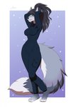 4_toes anthro black_hair black_nose breasts eyebrows eyelashes feet female fur grey_body grey_fur hair smile solo standing toes amur canid canine mammal 2020 digital_media_(artwork) hi_res