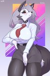 anthro big_breasts blush bottomwear breasts clothed clothing countershading ear_piercing ear_ring eyewear female female_anthro glasses kemono looking_at_viewer office office_clothing office_lady piercing ring_piercing secretary simple_background skirt solo sususuigi helluva_boss mythology loona_(helluva_boss) canid canid_demon canine demon hellhound mammal mythological_canine mythological_creature 2021 digital_media_(artwork) hi_res shaded