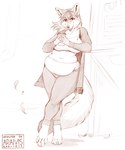 anthro barefoot breasts clothed clothing coffee_cup container cup dipstick_tail feet female fur hair markings open_mouth slightly_chubby slightly_chubby_female solo tail tail_markings araivis-edelveys sandra_(foxcall) canid canine canis coyote mammal 2021 hi_res monochrome sepia sketch