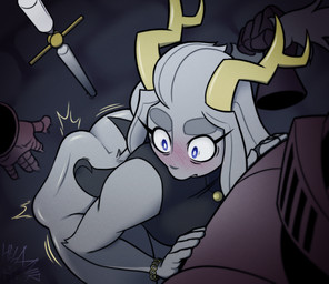 5_fingers against_surface ambiguous_gender anthro antlers big_butt black_clothing black_topwear black_vest blush bottomless bracelet butt butt_slap clothed clothing disembodied_hand dream_breaker_(pseudoregalia) duo eyebrows female fingers fur grey_body grey_fur grey_hair hair horn impact_lines jewelry knight_armor male male/female purple_eyes slap spanking tail tail_grab thick_eyebrows topwear vest helmyir pseudoregalia sybil_(pseudoregalia) animate_inanimate bovid caprine goat hybrid jackalope lagomorph leporid living_armor mammal rabbit hi_res