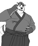 anthro asian_clothing belly blush canid canine canis clothing dog_operator domestic_dog east_asian_clothing greyscale hi_res japanese_clothing kimono lifewonders live_a_hero male mammal monochrome oaks16 overweight overweight_male pecs protagonist_(live_a_hero) simple_background solo white_background