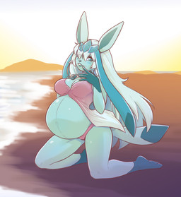 anthro anthrofied beach belly big_belly bikini clothed clothing female pokemorph pregnant pregnant_anthro pregnant_female seaside solo sunset swimwear two-piece_swimsuit papa_soul nintendo pokemon eeveelution generation_4_pokemon glaceon pokemon_(species) hi_res