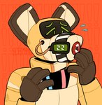 anthro brown_ears clothing dronesuit front_view gag gagged green_eyes latex latex_clothing latex_skinsuit male nude skinsuit solo tan_body tan_inner_ear text tight_clothing yellow_body 0ct0m0n0 robot_anthro artist_name bust_portrait hi_res portrait