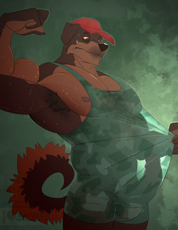 anthro armpit_hair armpit_tuft aroused aroused_male balls balls_outline barazoku biceps big_muscles big_pecs big_penis bodily_fluids body_hair bottomwear brown_armpit_hair brown_body brown_eyes brown_fur bulge camo camo_bottomwear camo_clothing camo_print camo_topwear clothing detailed_bulge erection fist flexing flexing_bicep flexing_muscles flexing_pecs frown fur genital_outline genitals green_background green_clothing green_wrestling_singlet hat headgear headwear looking_at_genitalia looking_at_own_penis looking_at_penis looking_at_self male manly mature_anthro mature_male muscular muscular_anthro muscular_arms muscular_male muscular_thighs pattern_bottomwear pattern_clothing pattern_topwear pecs penis pose presenting presenting_body presenting_pecs presenting_penis pulling_on_clothes red_clothing red_hat red_headwear side_view silhouette silhouetted_penis simple_background solo standing sweat sweatdrop sweaty_arms sweaty_body sweaty_chest sweaty_face tail thick_arms thick_thighs tight_clothing topwear tough_guy trucker trucker_hat tugging_on_own_clothes wrestler wrestling_clothing wrestling_outfit wrestling_singlet yellow_sclera snowmutt canid canine canis domestic_dog mammal mastiff molosser rottweiler hi_res