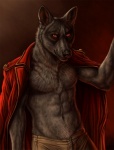 abs anthro biceps biped black_nose bottomwear canid canine canis clothed clothing fur looking_at_viewer luther_denholme male mammal muscular muscular_anthro muscular_male pants pecs pose red_eyes rukis scar solo standing topless wolf