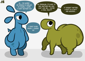 ambiguous_gender big_butt biped black_eyes blue_body butt dialogue duo ellipsis eyebrows feral green_body huge_butt looking_at_another quadruped question_mark speech_bubble standing talking_to_another text white_sclera white_text luanctoons bongo_(bonguitoweon) luan_(luanctoons) dinosaur prehistoric_species reptile scalie 2024 absurd_res digital_media_(artwork) english_text hi_res