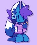 anthro bell bottomwear clothing container cookie crumbs cup eating female food hair inner_ear_fluff kneeling milk purple_hair shorts smile solo sweater topwear tuft screwroot blulagoth_(ebiinari) canid canine fox mammal