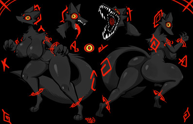 anthro areola big_breasts big_butt black_body black_fur breasts butt female fur nipples nude open_mouth red_eyes sharp_teeth solo tail teeth thick_thighs wide_hips arturfox canid canine fox mammal monster shadow_creature absurd_res hi_res