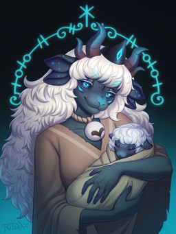 4_ears 4_horns ambiguous_gender anthro bell bell_collar brown_clothing clothed clothing collar crown duo female fur glowing glowing_eyes grey_body grey_skin hair headgear holding_baby horn long_hair multi_ear multi_horn neonate runes simple_background sleeping smile standing white_body white_fur white_wool wool_(fur) young young_ambiguous ritsuxz cult_of_the_lamb massive_monster_(studio) lamb_(cult_of_the_lamb) yngya_(cult_of_the_lamb) bovid caprine mammal sheep hi_res signature