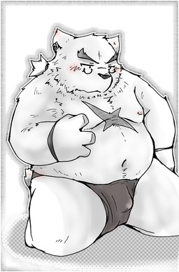 anthro asian_clothing belly blush clothing east_asian_clothing eyewear fundoshi fur glasses japanese_clothing kemono male moobs navel nipples overweight overweight_anthro overweight_male scar solo underwear white_body white_fur snow_utamaru bear mammal polar_bear ursine 2015
