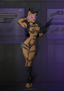 anthro athletic barefoot bottomless bottomwear breasts clothed clothing cybernetics feet female future genitals glowing glowing_eyes gun handgun jacket machine mostly_nude muscular nipples open_clothing open_topwear open_vest pistol ranged_weapon science_fiction silencer solo topless topwear vest vulva weapon aleone cyborg felid feline lynx mammal