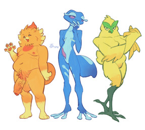 animal_genitalia anthro anthrofied balls beak big_penis blue_body breasts claws erection female foreskin fur genital_slit genitals group humanoid_genitalia humanoid_penis looking_at_viewer male nipples nude open_mouth orange_body orange_fur pawpads penis pokemorph pose simple_background slightly_chubby slit_penis smile standing tail tapering_penis thick_penis trio vein veiny_penis white_background honeydewt1me nintendo pokemon pokemon_winds_and_waves avian bird browt canid gecko gecqua generation_10_pokemon lizard mammal pokemon_(species) pombon reptile scalie digital_media_(artwork) hi_res pinup trans_(lore) trans_man_(lore)