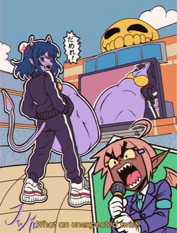 abdominal_bulge accessory ambiguous_gender ambiguous_prey angry bat_wings belly big_belly bone bra breasts brown_body cleavage clothed clothing cloud cross-popping_vein duo fangs female female_pred hair hair_accessory hands_in_both_pockets horn huge_belly humanoid_pointy_ears hyper hyper_belly jacket jumbotron membrane_(anatomy) membranous_wings multiple_angles necktie not_furry outside pink_hair pointy_ears prey_outline public public_vore purple_body purple_hair rear_view sharp_teeth side_boob skull sky stadium suit tail teeth text tomboy topwear underwear vore wings yellow_sclera jevmav jin_(punch_punch_forever) nono_matsumoto demon horned_humanoid humanoid 2025 absurd_res digital_drawing_(artwork) digital_media_(artwork) english_text hi_res japanese_text translation_request