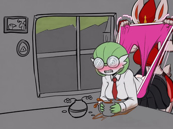 anthro bullying butt chair coffee_mug embarrassed eyewear female female/female furniture glasses group hanging_wedgie music nerd nervous on_chair song spiral_glasses trio wedgie reverso-f nintendo pokemon arceus cinderace deity gardevoir generation_3_pokemon generation_4_pokemon generation_8_pokemon legendary_pokemon pokemon_(species) animated short_playtime sound video