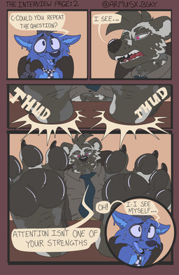 anthro bodily_fluids comic_panel dialogue dominant dominant_male duo feet feet_on_desk feet_up foot_fetish foot_focus foot_play interview male male/male nervous nervous_sweat paws sitting spread_toes sweat thud toes armus_(artist) sterling superbass african_wild_dog canid canine fox mammal absurd_res comic hi_res