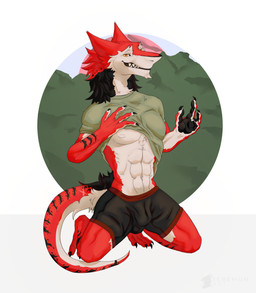4_fingers 4_toes abs anthro black_body black_claws black_clothing black_fur black_palms black_underwear bulge claws clothed clothing clothing_lift digitigrade feet fingers fur hair kneeling looking_at_viewer male markings muscular muscular_anthro muscular_male nipples partially_clothed pecs red_body red_fur scar shirt shirt_lift simple_background smile solo tail teeth toes topwear underwear white_body white_fur yellow_eyes conditional_dnp teremunart dagger_(defnotdagger) sergal absurd_res hi_res