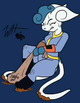 2_tails anthro bag blue_body blue_fur blue_hair bodily_fluids boots breasts clothing dirt female footwear fur grimace hair multi_tail neck_tuft pip-boy pokemorph post-apocalyptic shoes simple_background solo straining sweat tail text transparent_background tuft vault_suit white_body white_fur muniversalarts fallout fallout:_pca microsoft nintendo pokemon caitlyn_(swordfox) felid feline generation_6_pokemon mammal meowstic meowstic_(female) pokemon_(species) 2019 alpha_channel crossover english_text hi_res