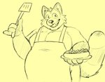 2024 anthro apron belly big_belly clothing food hi_res hot_dog male mammal monochrome mr_labrador overweight overweight_male procyonid raccoon rascal_(robot_dreams) robot_dreams simple_background smile solo spatula tools yellow_and_black