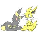 ambiguous_gender bodily_fluids duo eye_contact feral frown looking_at_another lying simple_background sitting smile tears white_background shin_(artist) nintendo pokemon eeveelution generation_1_pokemon generation_2_pokemon jolteon pokemon_(species) umbreon 4:3