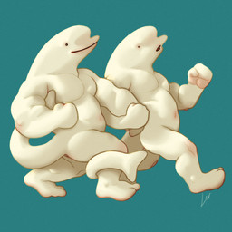 anthro duo ivory_body ivory_skin male musclegut muscular muscular_male pecs simple_background slightly_chubby slightly_chubby_male small_eyes walking ravuer aquatic beluga cetacean mammal monodontid toothed_whale 1:1 hi_res