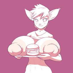 anthro big_nipples breasts burger clothing female food freckles huge_nipples hyper hyper_nipples nipples puffy_nipples shirt solo topwear tray cubikore deer mammal 2020 character_request digital_media_(artwork)