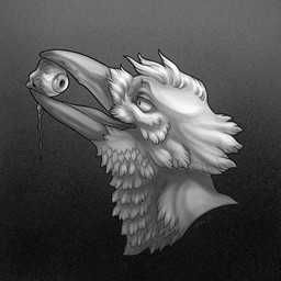 ambiguous_form ambiguous_gender anthro beak cheek_tuft eye_in_mouth eyebrows facial_tuft feathers gore gradient_background grey_background grey_beak head_tuft mouth_hold open_beak open_mouth pupils severed_body_part side_view simple_background slit_pupils smile solo tongue tuft vein white_body tertia_decima danjil_olivaw avian bird corvid corvus_(genus) oscine passerine raven 1:1 absurd_res digital_media_(artwork) greyscale headshot_portrait hi_res icon monochrome portrait shaded signature male_(lore)
