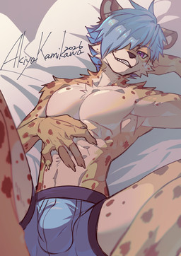 anthro balls_outline bed black_nose blue_hair boxer_briefs boxer_briefs_only bulge clothed clothing detailed_bulge fur furniture genital_outline grin grinning_at_viewer hair kemono looking_at_viewer male markings on_bed purple_eyes slim slim_anthro slim_male smile smiling_at_viewer solo spots spotted_body spotted_fur spread_legs spreading topless touching_self underwear underwear_only akiya_kamikawa cheetah felid feline mammal hi_res