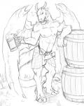 alcohol anthro balls barrel beer beverage bodily_fluids clover_(plant) clover_leaf drunk erection four_leaf_clover genital_fluids genitals hooves kilt leaf male plant precum solo substance_intoxication tail wings badcoyote mythology bovid caprine dragon goat hybrid mammal mythological_creature mythological_scalie scalie 4:5 monochrome sketch