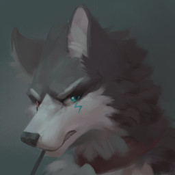 anthro blue_eyes cheek_tuft collar facial_tuft fur glistening glistening_eyes grey_body grey_ears grey_fur grey_nose inner_ear_fluff looking_at_viewer male narrowed_eyes neck_tuft red_collar simple_background solo teeth tuft unsigned white_body white_fur white_inner_ear white_inner_ear_fluff awaldkize canid canine canis mammal wolf 1:1 bust_portrait detailed hi_res icon portrait