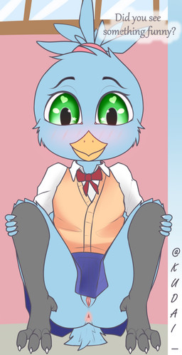 anthro anus blush butt clothed clothing female fur genitals hair holding_both_legs loli no_underwear non-mammal_vulva simple_background solo tail text upskirt vulva young young_anthro young_female kudai silvia_keeper avian bird absurd_res archived_source digital_media_(artwork) hi_res