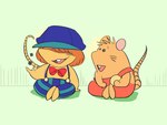 anthro beta_design biped bow_tie brown_body chibi clothed clothing dice duo hair hair_over_eyes hat headgear headwear sitting hikari_gamba gamba_no_bouken gamba_no_bouken_(series) ganba ikasama mammal murid murine rat rodent 2023 4:3 hi_res