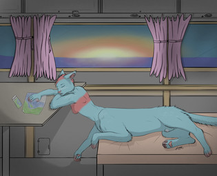 animal_genitalia breasts featureless_breasts fully_sheathed genitals gynomorph hair inside_train intersex lying nude pink_hair sheath sleeping solo sunset train vehicle hybrid-no.1 snowblaze_(character) chakat felid felid_taur mammal mammal_taur taur hi_res herm_(lore)