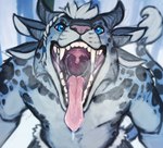 4_ears anthro blue_body blue_eyes blue_fur bodily_fluids cheek_tuft detailed_mouth drooling facial_spots facial_tuft fangs front_view fur glistening glistening_eyes hair looking_at_viewer male mouth_shot multi_ear open_mouth pink_tongue saliva saliva_on_tongue saliva_string solo spotted_arms spotted_face tail tail_tuft teeth tongue tuft uvula white_hair acidic guild_wars charr felid mammal half-length_portrait portrait