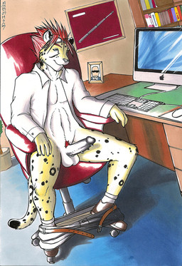 anthro balls belt biped black_penis bottomless bottomwear bottomwear_down business chair clothed clothing computer computer_keyboard computer_mouse electronics erection eyewear eyewear_on_head frenum_ladder frenum_piercing furniture genital_piercing genitals goggles goggles_on_head hair humanoid_genitalia humanoid_penis inviting ladder_piercing male monitor office office_chair open_clothing open_shirt open_topwear pants pants_down partially_clothed penis penis_piercing photo picture_frame piercing pubes red_hair shirt sitting solo spiky_hair tail topwear meesh apple_inc. apple_macintosh final_fantasy final_fantasy_vii imac square_enix reno_(final_fantasy) rude_(final_fantasy) syphon cheetah felid feline mammal 2007 digital_media_(artwork) marker_(artwork) mixed_media painting_(artwork) traditional_media_(artwork) watercolor_(artwork)