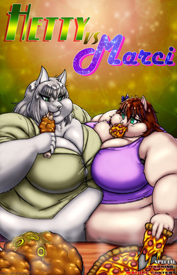accessory anthro belly big_belly big_breasts bow_ribbon breast_squish breasts brown_body brown_fur brown_hair clothing collared_shirt dress_shirt drumstick_(food) duo eating female food fruit fur green_eyes grey_body grey_fur grey_hair hair hair_accessory hair_bow hair_ribbon huge_breasts meat morbidly_obese morbidly_obese_anthro morbidly_obese_female obese obese_anthro obese_female overweight overweight_anthro overweight_female pepperoni pepperoni_pizza pineapple pizza pizza_slice plant ribbons shirt squish tan_body tan_fur teal_eyes text topwear viroveteruscy if_hell_had_a_taste hetty_(faf) marci_hetson canid canine canis domestic_cat felid feline felis mammal wolf 2026 absurd_res artist_name comic cover cover_art cover_page crossover digital_media_(artwork) english_text hi_res