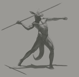 anthro athletic athletic_anthro athletic_male featureless_crotch holding_melee_weapon holding_object holding_polearm holding_spear holding_weapon male male_anthro melee_weapon mouth_closed narrowed_eyes navel nude polearm shadow simple_background solo spear standing weapon aduran kangaroo macropod mammal marsupial absurd_res full-length_portrait hi_res monochrome portrait shaded sketch