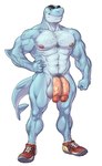 2017 2_penises abs analon_(artist) anthro balls body_hair chest_hair clothing derrik_(testosterone) fish footwear footwear_only genitals humanoid_genitalia humanoid_penis looking_at_viewer male marine mostly_nude multi_genitalia multi_penis muscular muscular_anthro muscular_male nipples pecs penis pubes shark shoes shoes_only solo vein veiny_muscles veiny_penis