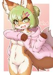 4_fingers accessory anthro big_breasts blush bottomless breasts brown_body brown_fur clothed clothing dipstick_ears dipstick_tail ear_markings featureless_crotch female female_anthro fingers fluffy fluffy_tail fur gloves_(marking) green_eyes green_hair hair hair_accessory hairclip hoodie hoodie_only inner_ear_fluff kemono looking_at_viewer markings mostly_nude multicolored_body multicolored_ears multicolored_fur multicolored_tail navel open_mouth short_hair solo tail tail_markings tan_body tan_fur tongue topwear topwear_only tuft under_boob white_body white_fur white_tail_tip acky05 canid canine fox mammal 2021 digital_media_(artwork) hi_res portrait signature three-quarter_portrait translated_description