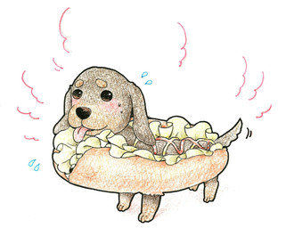 all_fours ambiguous_gender black_nose blush feral food happy hot_dog humor ketchup lettuce micro mustard plant pun simple_background solo standing tail tail_motion tailwag tongue tongue_out vegetable visual_pun white_background wyjjff canid canine canis dachshund domestic_dog hunting_dog mammal hi_res traditional_media_(artwork)