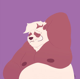 anthro belly big_belly black_nose brown_body brown_ears brown_fur brown_nipples eyes_closed front_view fur grin hair hand_behind_head male moobs nipples nude obese obese_anthro obese_male overweight overweight_anthro overweight_male purple_background short_hair simple_background smile solo white_body white_fur white_hair chocolateandmilk bear giant_panda mammal 2019 dated half-length_portrait hi_res portrait signature
