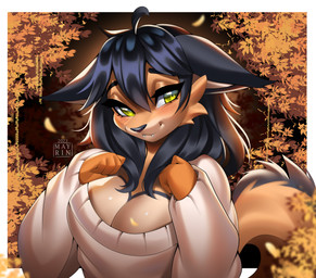 ahoge anthro black_hair blush breasts brown_body brown_fur cleavage clothed clothing countershade_face countershade_fur countershade_torso countershading eyebrows eyelashes female fur hair leaf long_hair long_sleeves looking_at_viewer outside solo sweater tan_body tan_fur text topwear mayrin_(artist) mammal 2023 absurd_res artist_name dated digital_media_(artwork) hi_res shaded
